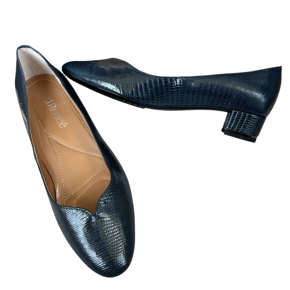 J. Renée Bambalina Women’s Pump Navy Lizard Embossed Low Block Heel Loafers 8.5
